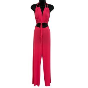 Women Pink Halter Top Open Front Flowy Jumpsuit Size L